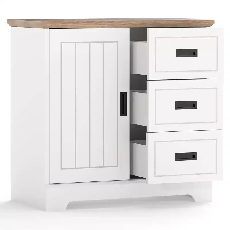 Costway Farmhouse Sideboard Buffet Cabinet with Sliding Doors 3 Drawers Adjustable Shelf