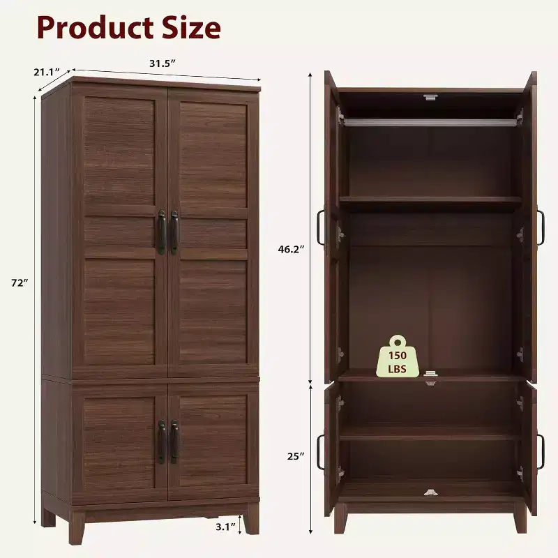 72 Wooden Armoire Wardrobe Closet with 4 Doors, Hanging Rod, and 18 Adjustable Shelves for Bedroom Storage, Clothing Cabinet for Organized Wardrobe