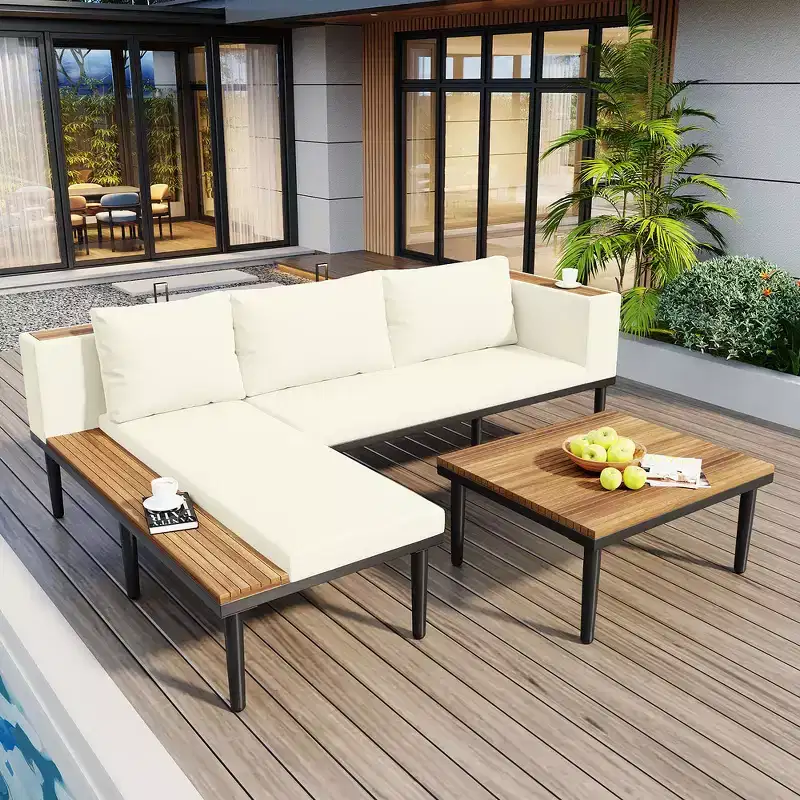 Acacia Wood L-Shaped Outdoor Sofa Set with Coffee Table & Removable Cushions  Patio Furniture for Backyard, Porch