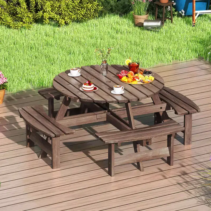 Costway 8-Person Round Picnic Table Set with 4 Built-in Benches 2 Umbrella Hole, Brown/Yellow