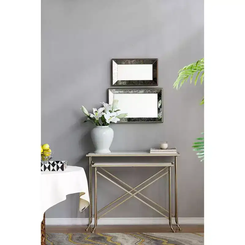 20 x 12 Inch Antique Silver Rectangular Wall Mirror with Floral Accents
