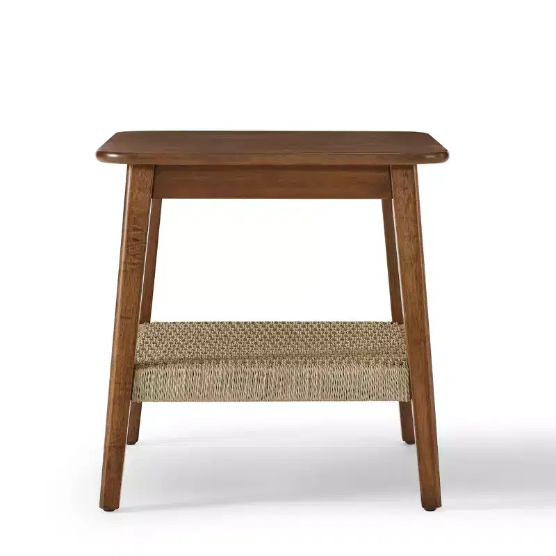 23-Inch Mid-Century Side Table with Woven Shelf, Boho Side Table with Storage, Bedside Table for Living Room, Bedroom, Patio, or Office