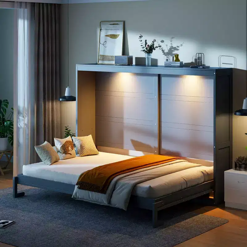 Queen Size Murphy Bed Wall Bed with LED Lights, White/Gray