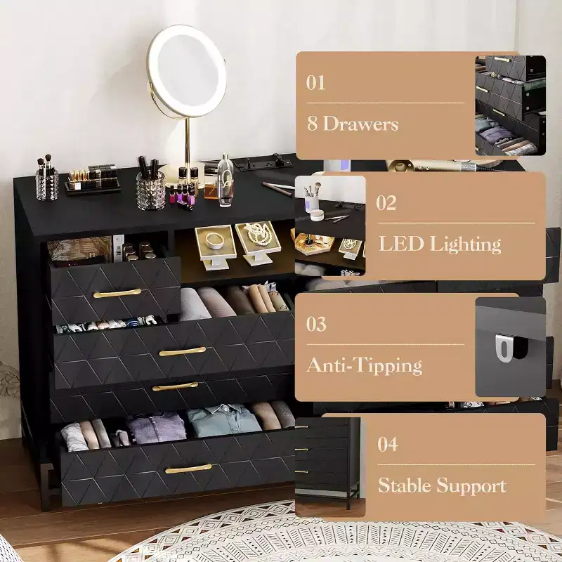 Zstar Modern 8-Drawer Dresser with Built-in USB and AC Charging Stations, LED Lights, Black