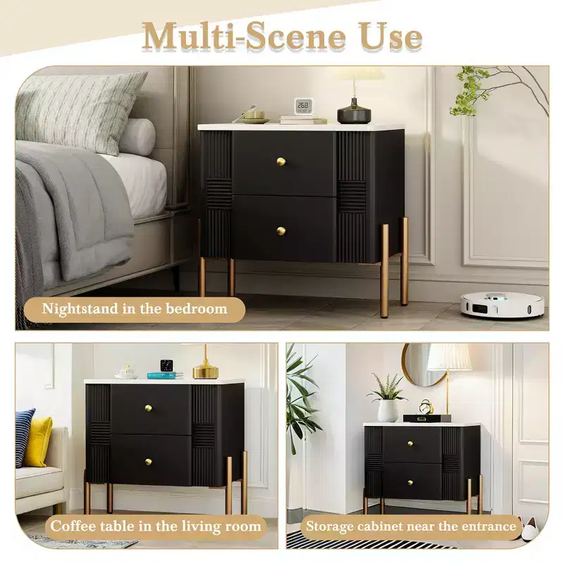 Modern Minimalist Nightstand with 2 Storage Drawer, Golden Metal Handles and Legs, Unique Textured Design