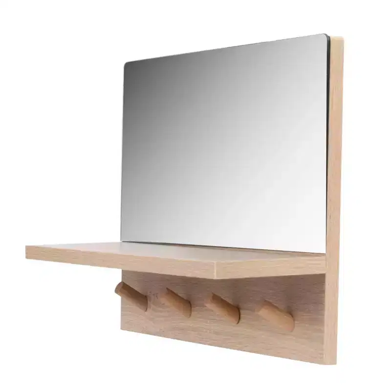 Kiera Grace 15.7" Alva Accent Mirror Shelf with 4 Pegs: Modern Rectangle, No Assembly, Wood Frame, Wall Mounted
