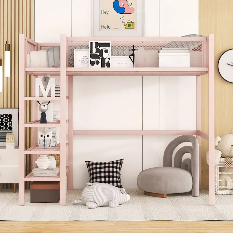 Twin Loft Bed with Four Shelves