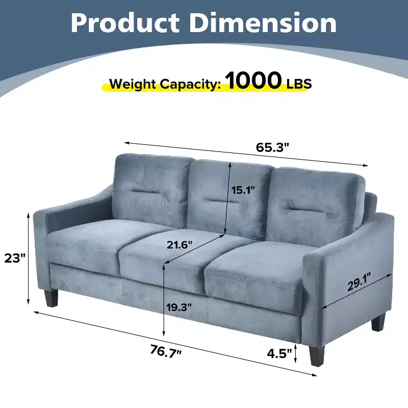 Mid-Century 3-Seat Velvet Sofa with U-Spring Links & Solid Wood Frame – Gray