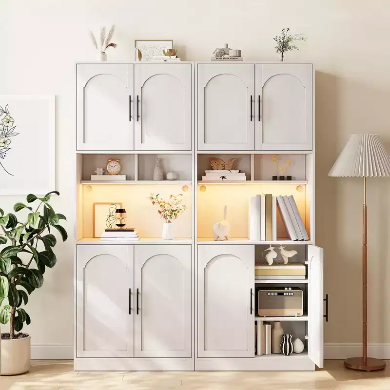 Pantry Cabinet with LED Light, 71 Kitchen Storage Hutch with Microwave Stand for Dining Room and Living Room