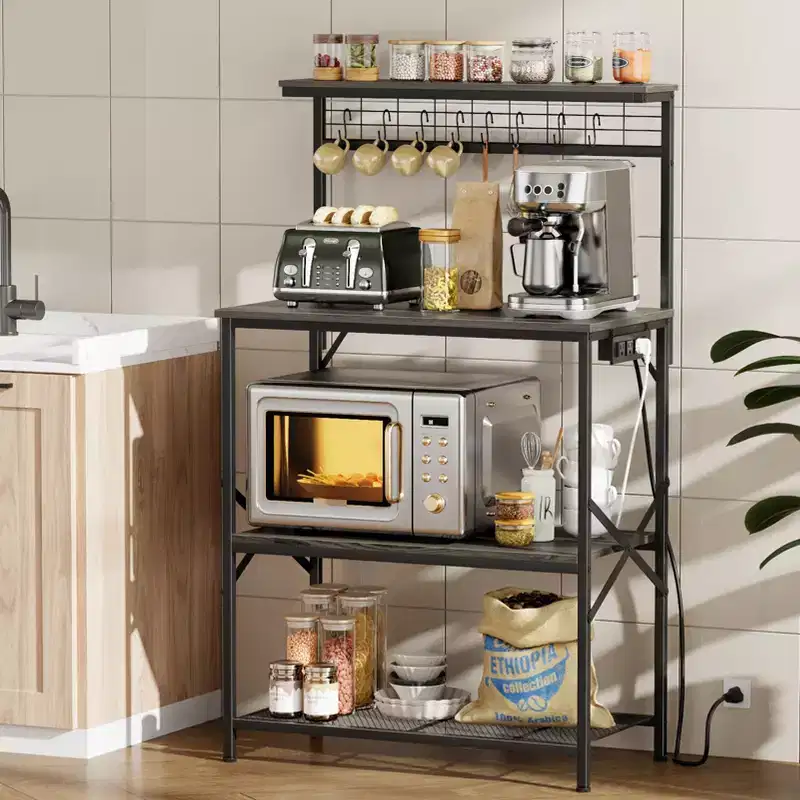 Qwatto Kitchen Bakers Rack with Power Outlets 31.5 Inch Coffee Bar Station 4 Tier Microwave Stand Storage Shelf with S Hooks Black Oak Utility Table