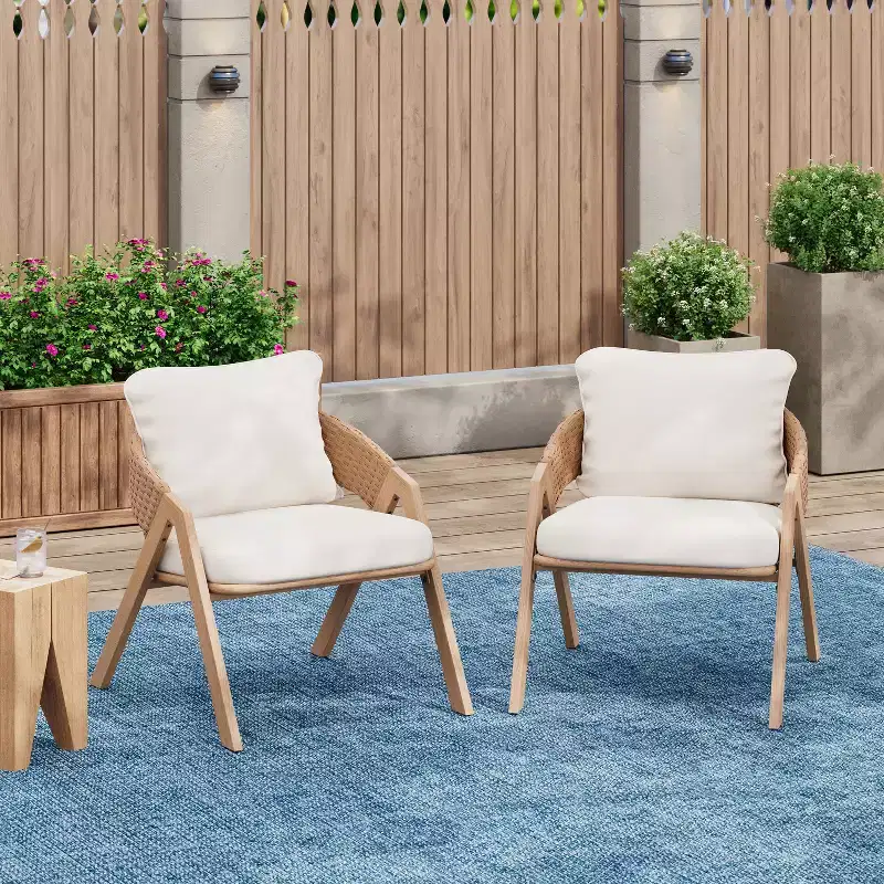 Christopher Knight Home Kaia Patio Modern Metal & Rattan Upholstered Accent Chairs with Faux Wood Finish (Set of 2)