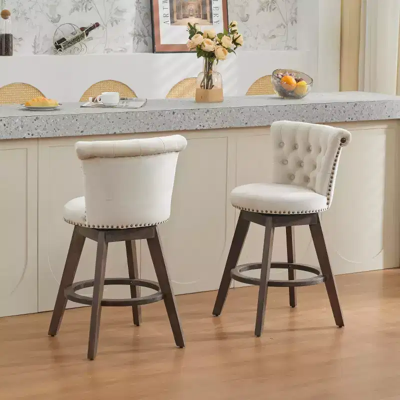 Set of 2 Swivel Counter Height Bar Stools, 25 Seat Height, Upholstered Counter Stools with Wood Legs for Kitchen Island or Home Bar-Panipeachy