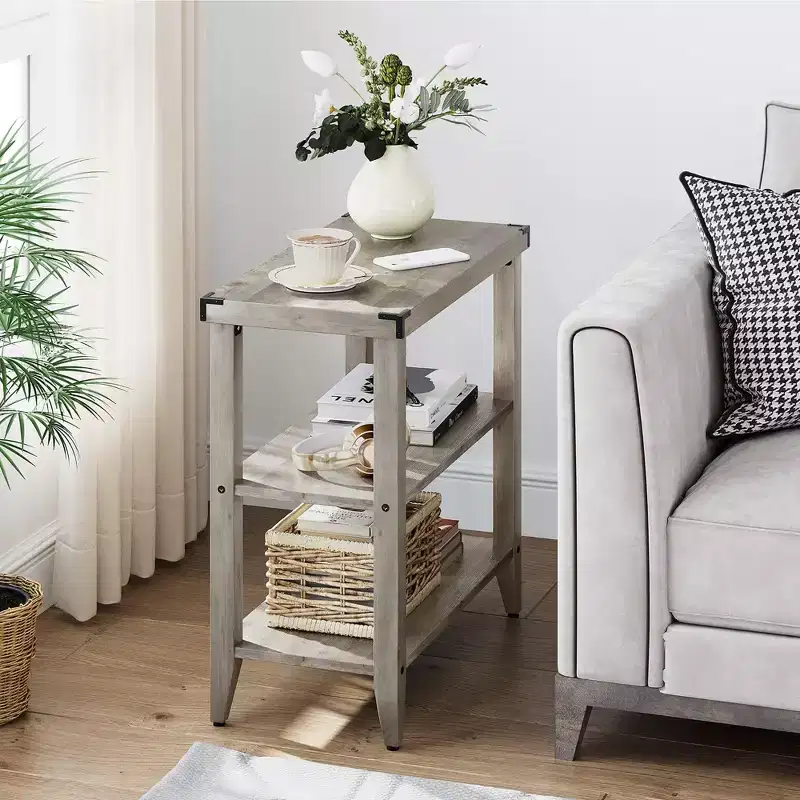 Farmhouse End Table Rustic Side Table with Storage Shelf for Small Spaces Grey Bedside Table Narrow Nightstand for Living Room, Bedroom (2PCS)