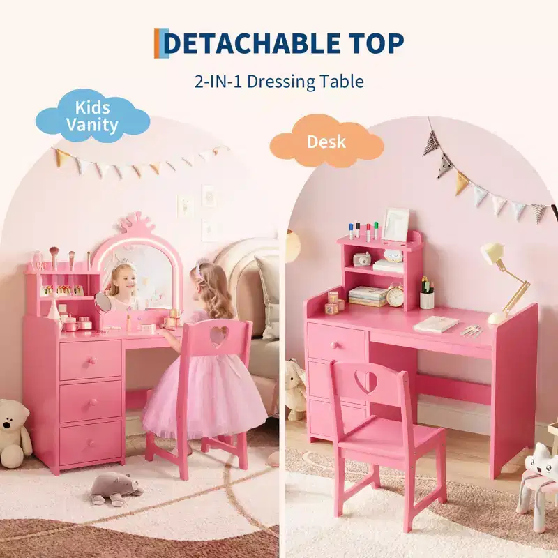 Princess Vanity Set with Lighted Mirror & Chair, Kids Makeup Table with 3 Drawers & Shelves for Little Girls