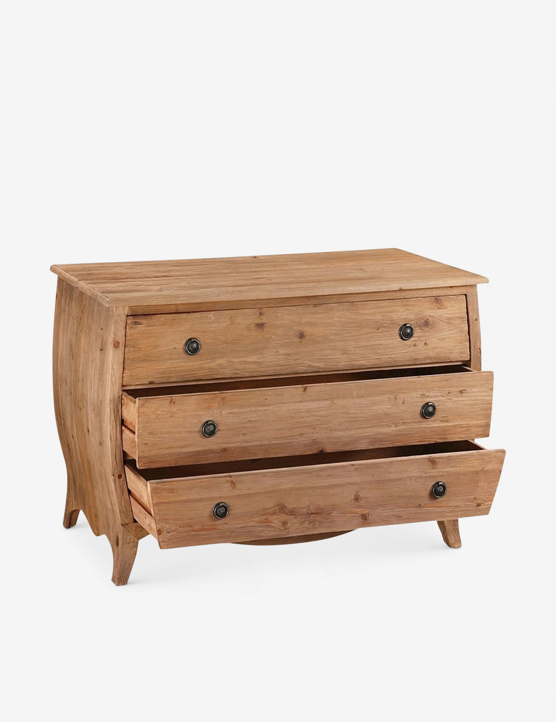 Dresser A richly-grained pine finish contrasts with the curved silhouette of the dresser for a vintage-inspired feel in your bedroom. Three A
