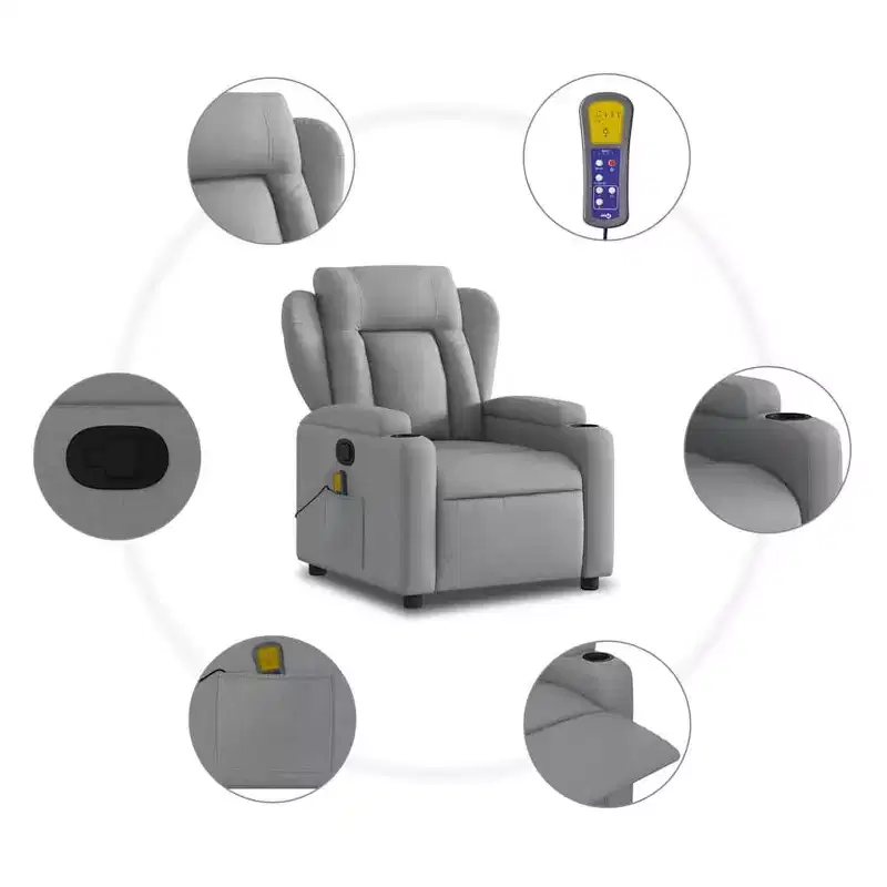 vidaXL Massage Recliner Chair - Light Gray Fabric, 6-Point Vibration, Manual Reclining, Cup Holders, Armchair with USB Power Source