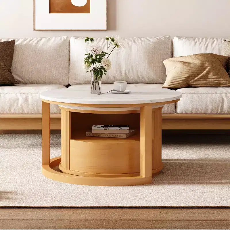 29.5 Modern Nesting Coffee Table with Storage and Marble-Pattern Top, 2-Tier Center Table for Living Rooms or Apartments - Panipeachy