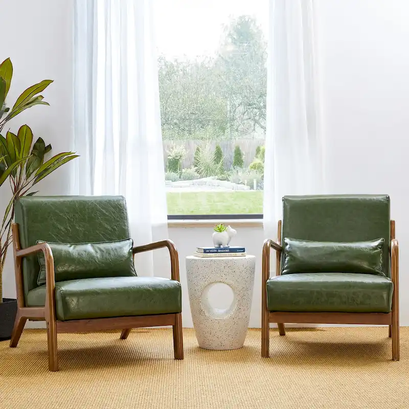 Glitzhome Set of 2 30.75H Mid-Century Modern PU Leather Accent Chairs with Cushion - 25.75W x 33.75D x 30.75H