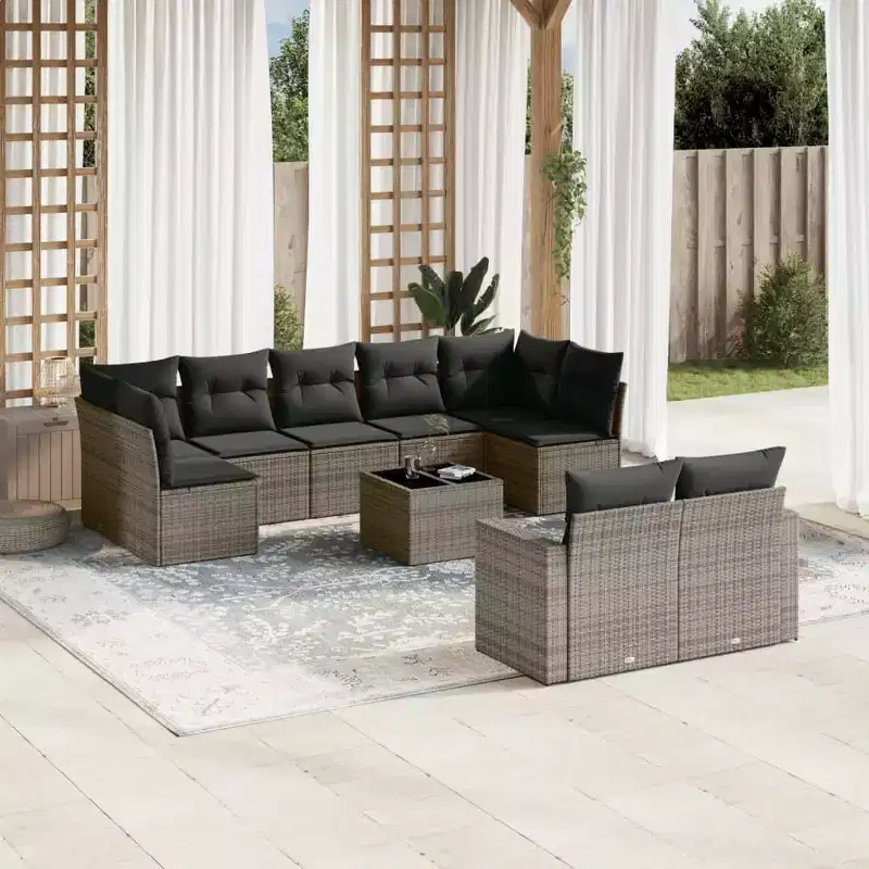 vidaXL Garden Sofa Set Grey PE Rattan, Powder-coated Steel, Tempered Glass