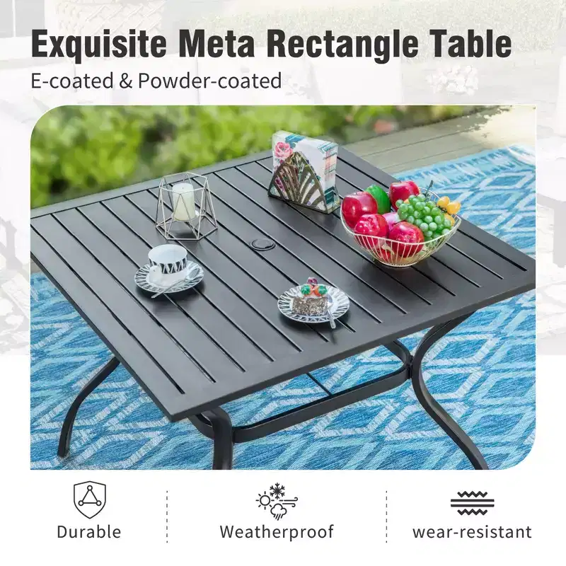 Captiva Designs 6pc Patio Slat-top Dining Steel Table & Metal Chairs with Stripe Back & Market Umbrella