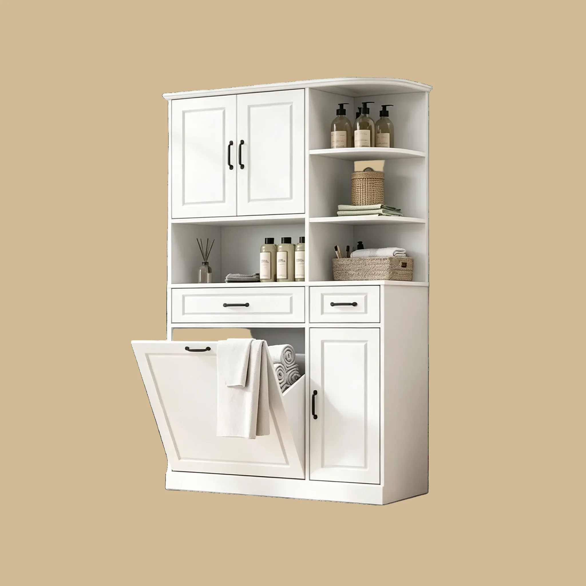 White Tall Freestanding Storage Cabinet with Drawers, Doors and Adjustable Shelves, MDF