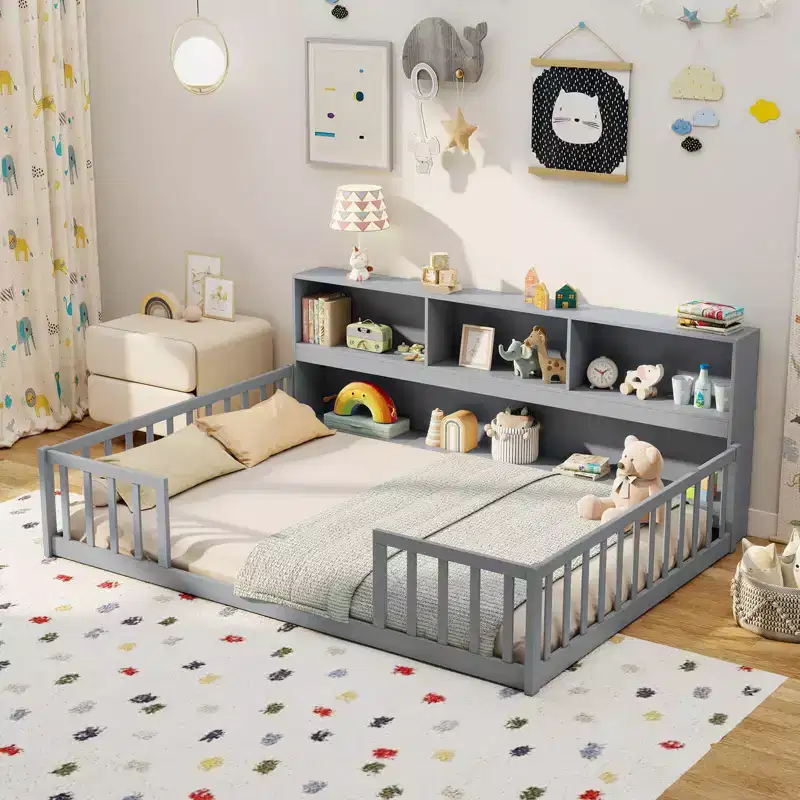 Twin/Full Size Montessori Floor Bed with Bookcase Storage Shelves & Safety Fence Rails White/Gray