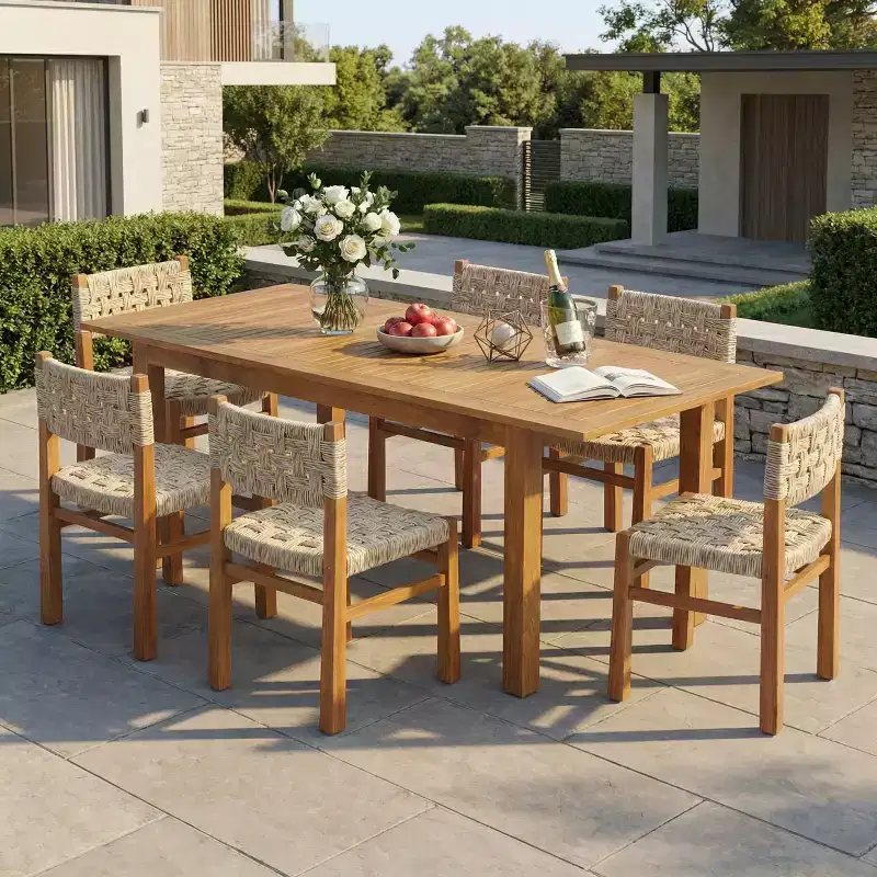 Christopher Knight Home Laksmi Modern 7 Piece Acacia Dining Set with Expandable Slatted Table and Wicker Design