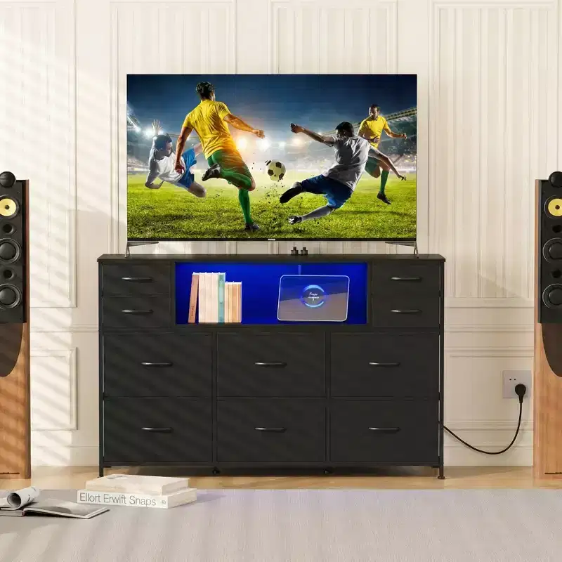 Metal-Framed Dresser with 11 Fabric Drawers TV Cabinet LED Lights and Charging Station