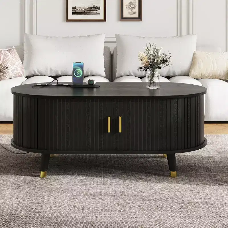 Wood Fluted Coffee Table with Charging Station, Vintage Oval Center Table with Storage for Living Room