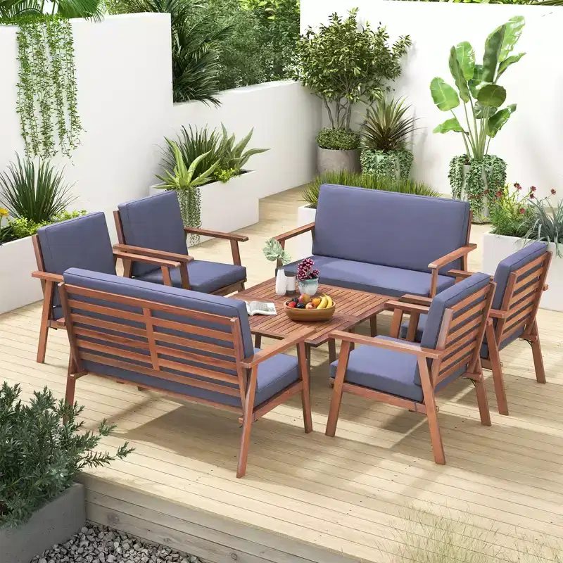 Costway 8 PCS Patio Conversation Set Acacia Wood Sofa Coffee Table with Cushioned Seat Grey/White