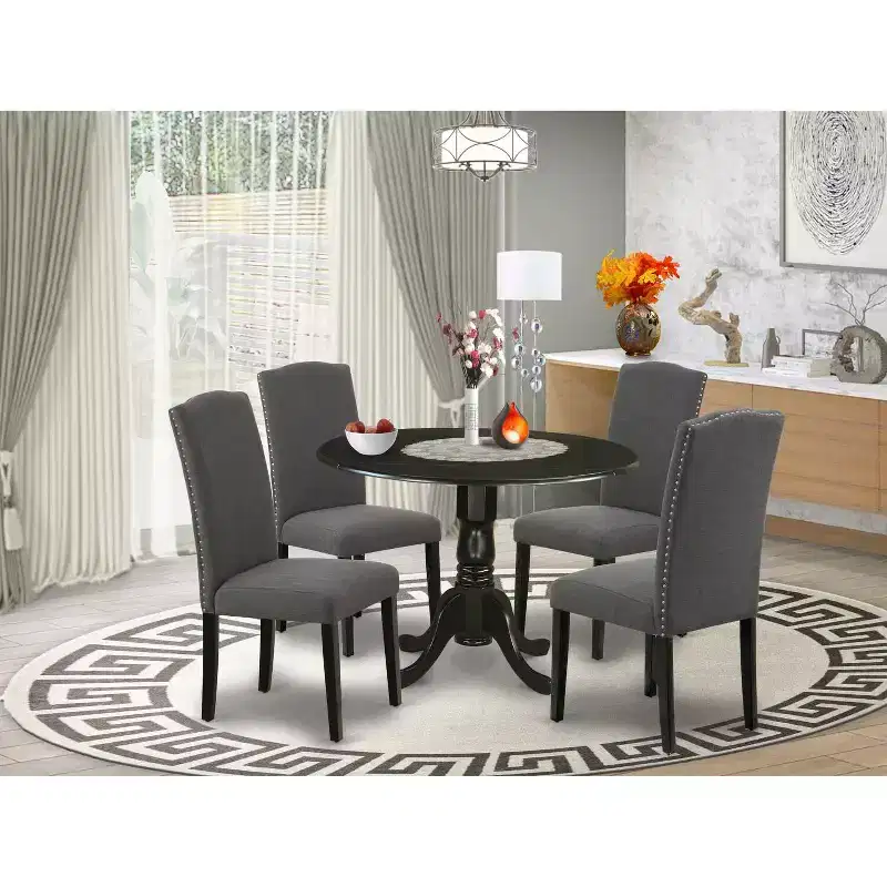 HomeStock Round Dropleaf Dining Set with 4 Parson Chairs Black