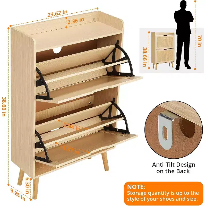 Shoe Racks/Cabinet - Hidden Shoe Storage with 2 Flip Rattan Flip-Drawer and Anti-Tip Design, 12-15 Pairs Storage Organizer