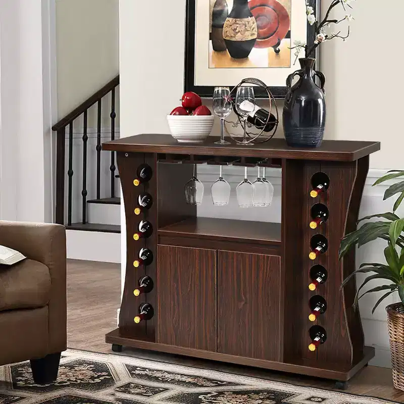 Costway Rolling Buffet Sideboard Wooden Bar Storage Cabinet w/ Wine Rack & Glass Holder