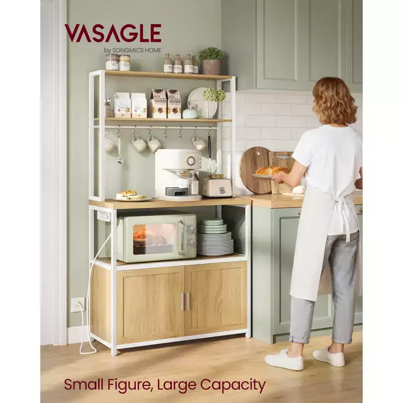 VASAGLE Kitchen Bakers Rack with Power Outlet, Coffee Bar with 35.4-Inch High Worktop, Microwave Stand with 8 Hooks