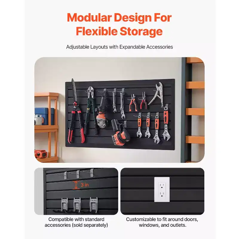 2x4 ft PVC Garage Slatwall Panel, Modular Adjustable Wall Organizer, Black, 300 lbs