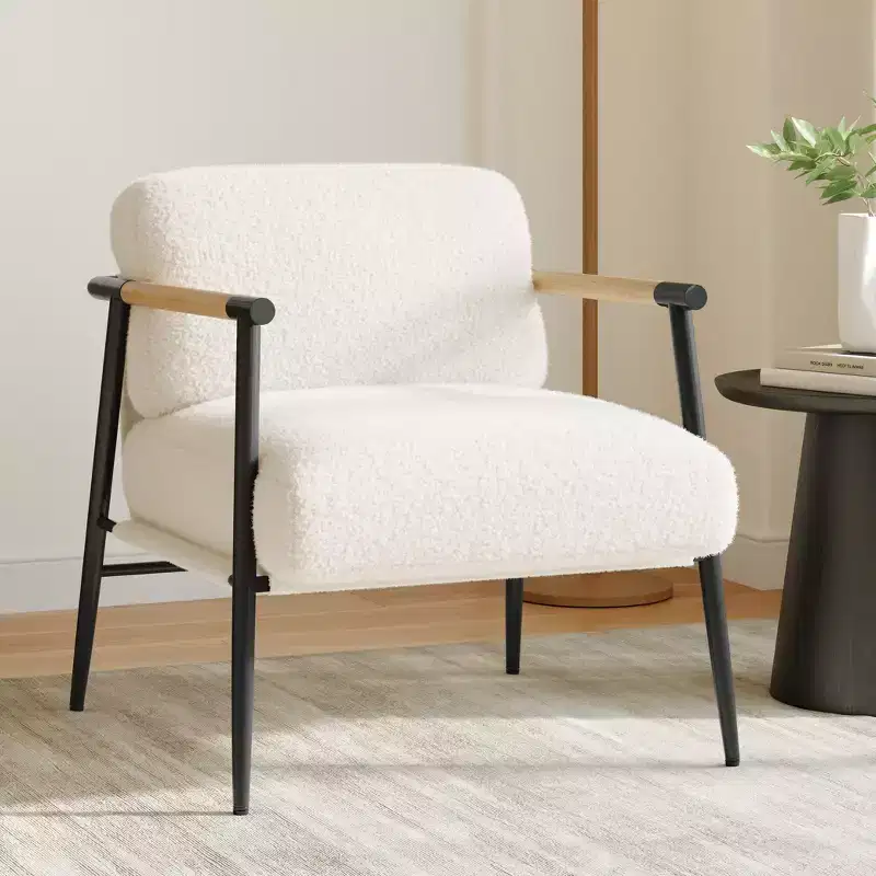Modern Accent Chair, Comfy Chair with Metal Frame Wooden Armrest, Cozy Reading Chair with Soft Cushion for Bedroom, Living Room