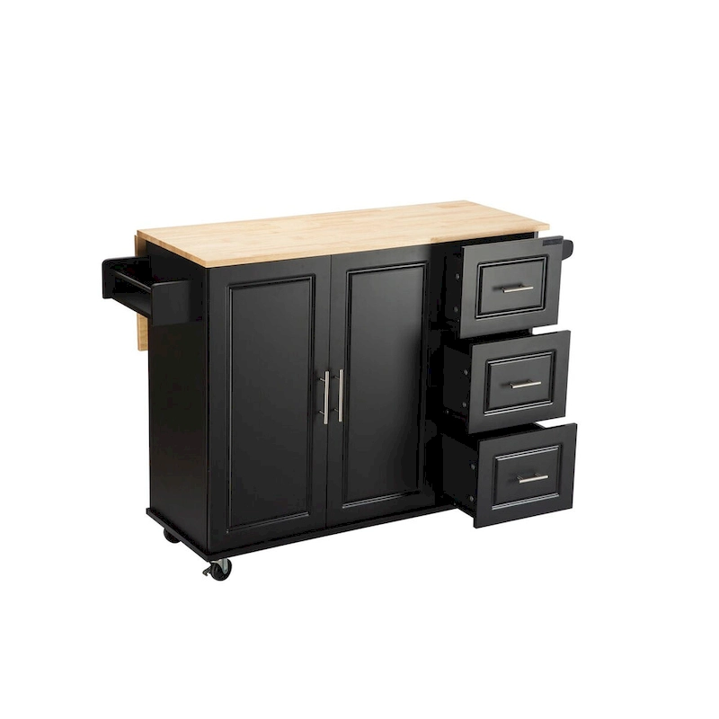 Mobile Kitchen Island & Kitchen Cart,With Extendable Rubber Wood Top and 3 Drawers - 53.93(L) x 17(W) x 36.22(H