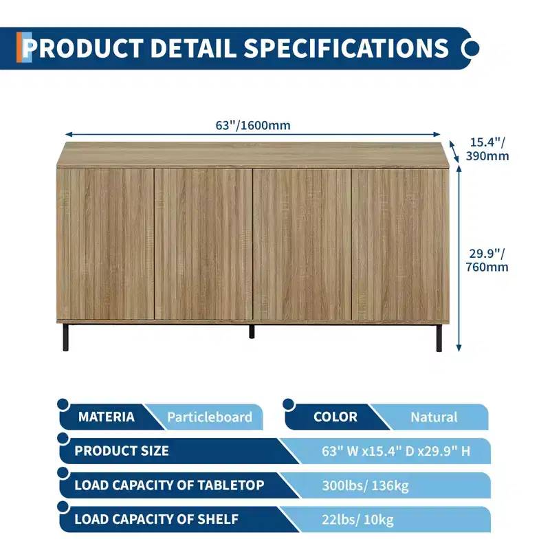 63 Modern Farmhouse Sideboard Cabinet, Modern Accent Storage Cabinet, 4 Fluted Doors & Metal Legs, for Kitchen, Dining Room, Living Room