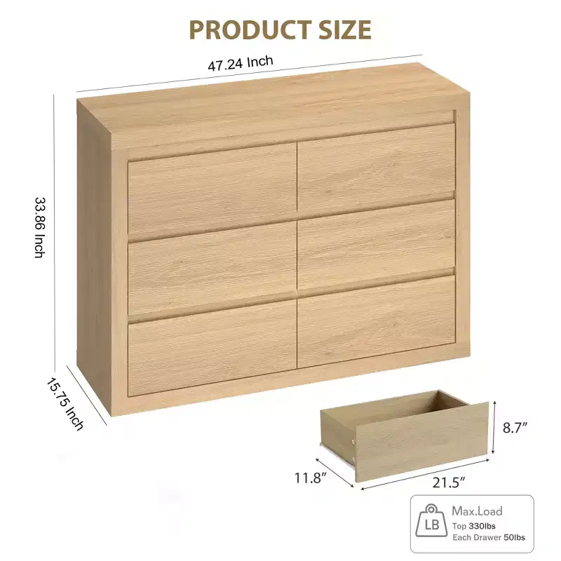 6 Drawer Dresser, 47 Wide Modern Chest of Drawers, Mid Century Drawer Dresser Organizer for Bedroom, Living Room, Hallway