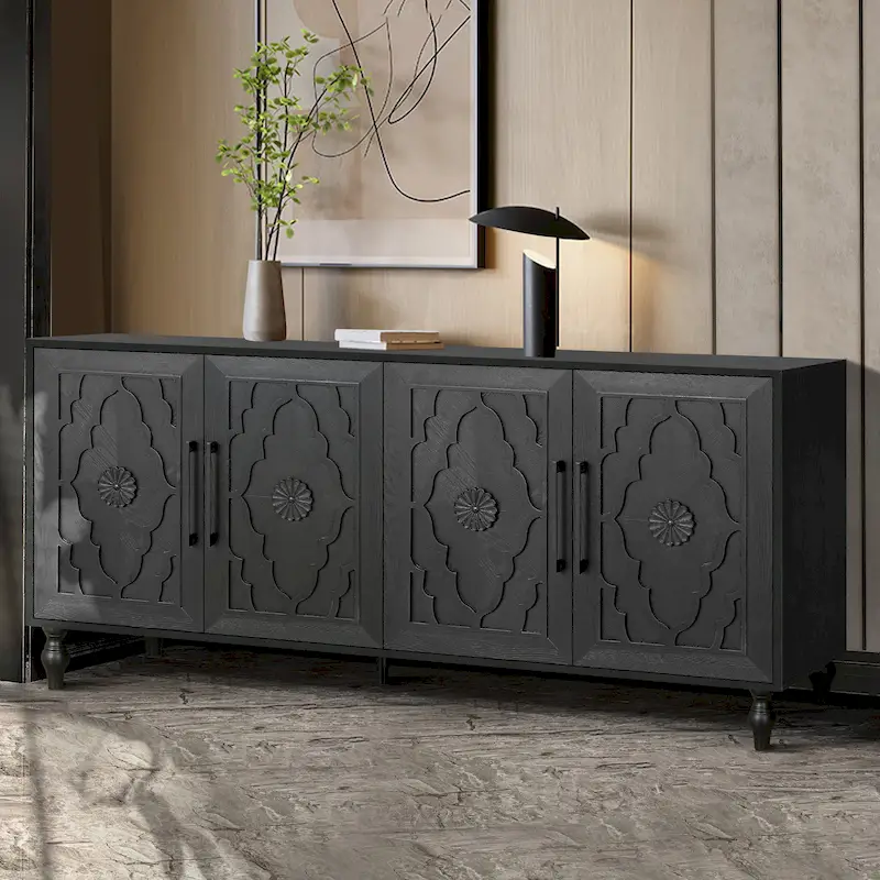 Carved Flower Door Large Storage Cabinet Sideboard Buffet