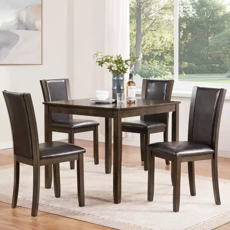 MAYEERTY 6-Piece Modern Dining Table Set, Wooden Table with 4 Chairs & Bench, Grey