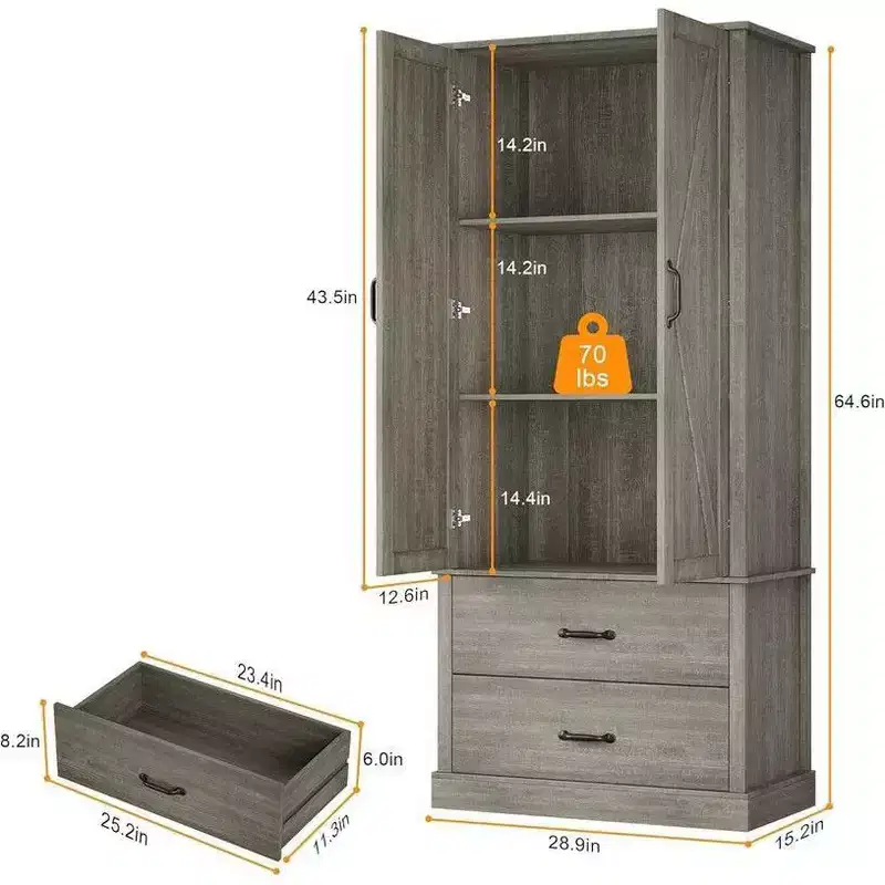 Coolmee Kitchen Pantry Storage Cabinet with Barn Doors, Drawer, and 2 Adjustable Shelves, Freestanding Tall Hutch with Microwave Stand