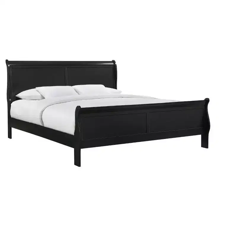 King Sleigh Bed Solid Wood Youth Bed Frame, Low Profile Safe Design for Kids Room, Black
