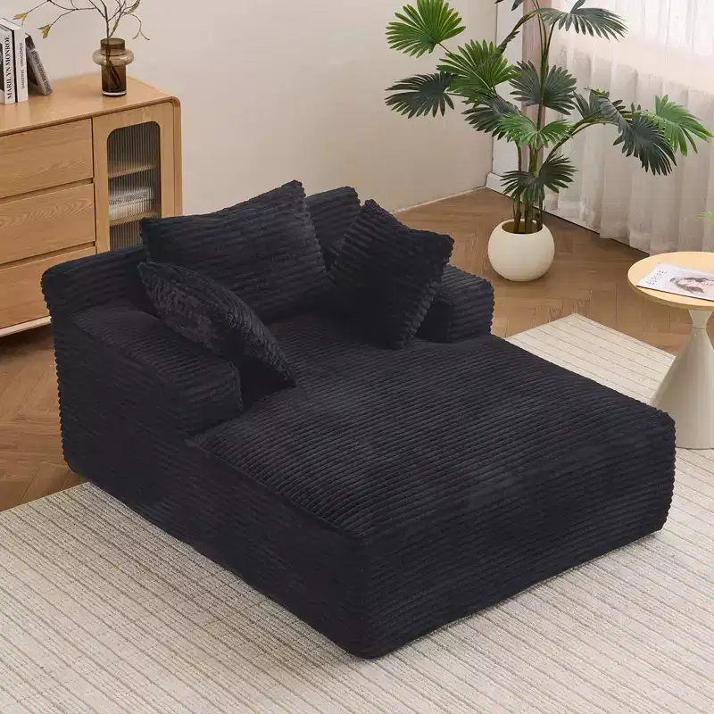 66inx48in Chaise Longue Chair Indoor Modern Upholstered Corduroy Deep Seat Sofa Bed with Armrests No Assembly Required Black