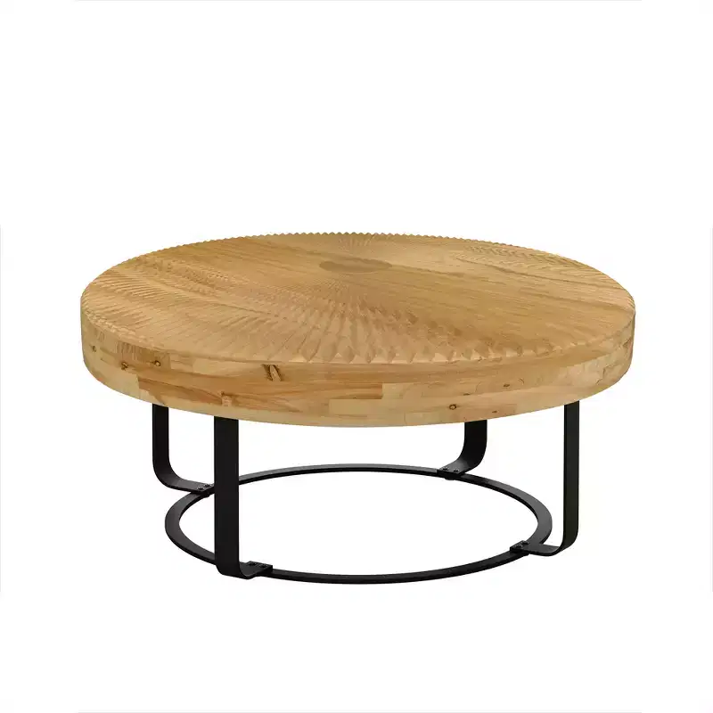 Round Coffee Table, Modern Wooden Side Table, Farmhouse Carving Pattern Coffee Table with Metal Legs for Living Room Office Apartment