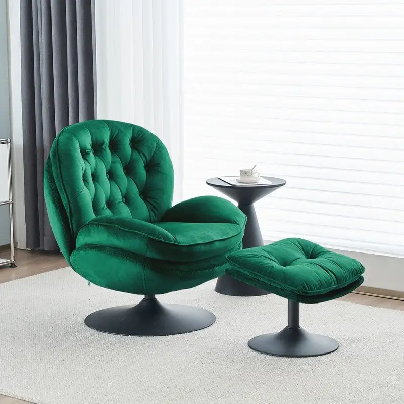 Velvet Swivel Accent Chair with Ottoman Round Reading Accent Chair Foot Stool Ottoman Set,360 Swivel,Metal Frame