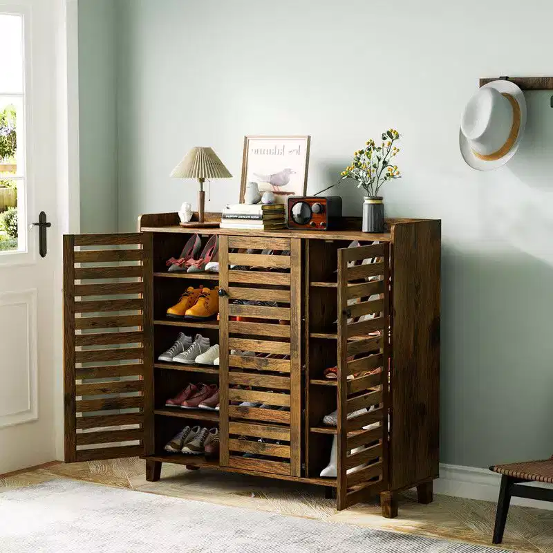 Karl Home | Hidden Shoe Cabinet With 3 Doors 5 Tier Shoe Organizer Rustic Brown