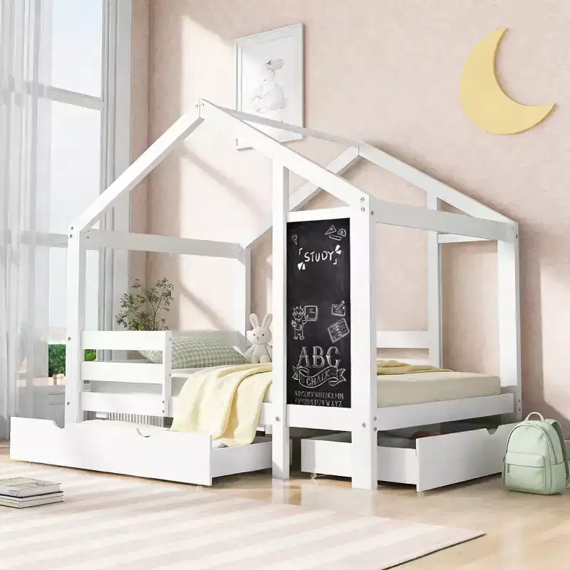 Wood House-Frame Kids Bed Twin 72''H x 41.9''W x 80.1''D