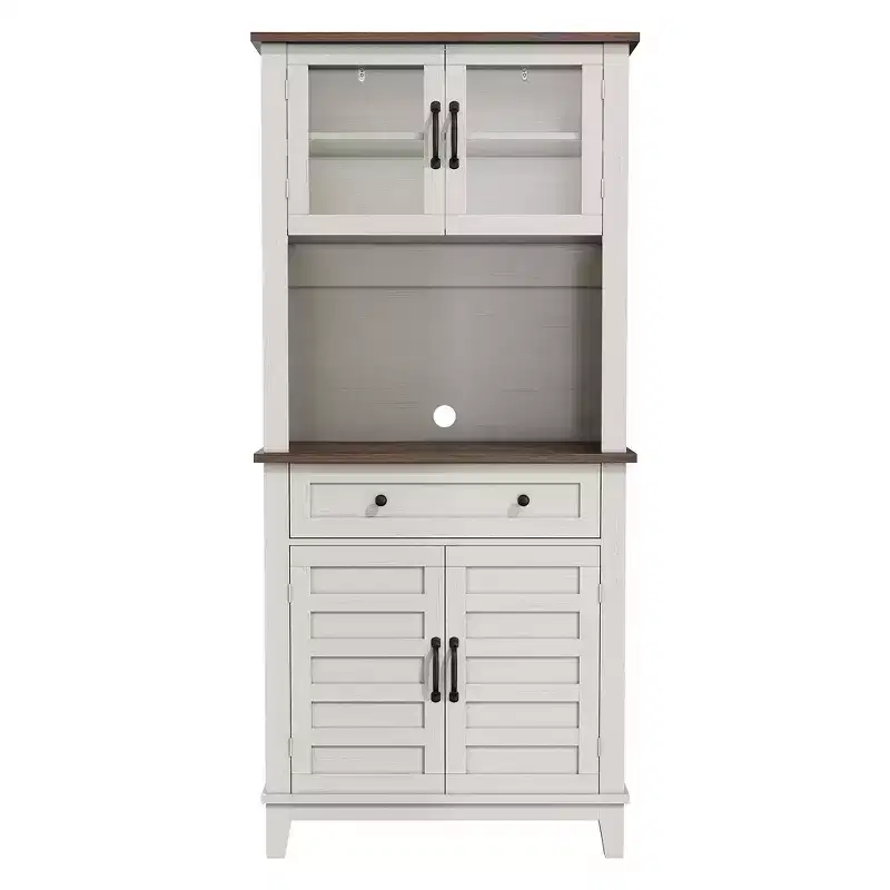 Kitchen Pantry Cabinet with Glass Doors & Drawers, Adjustable Shelves for Coffee Bar, Dining Room, Rustic Style