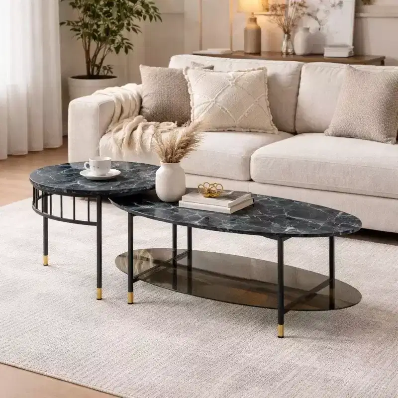 Royal Hampton 40 Inch 2 Piece Nesting Coffee Table, Faux Marble Top, Glass Shelf, Black